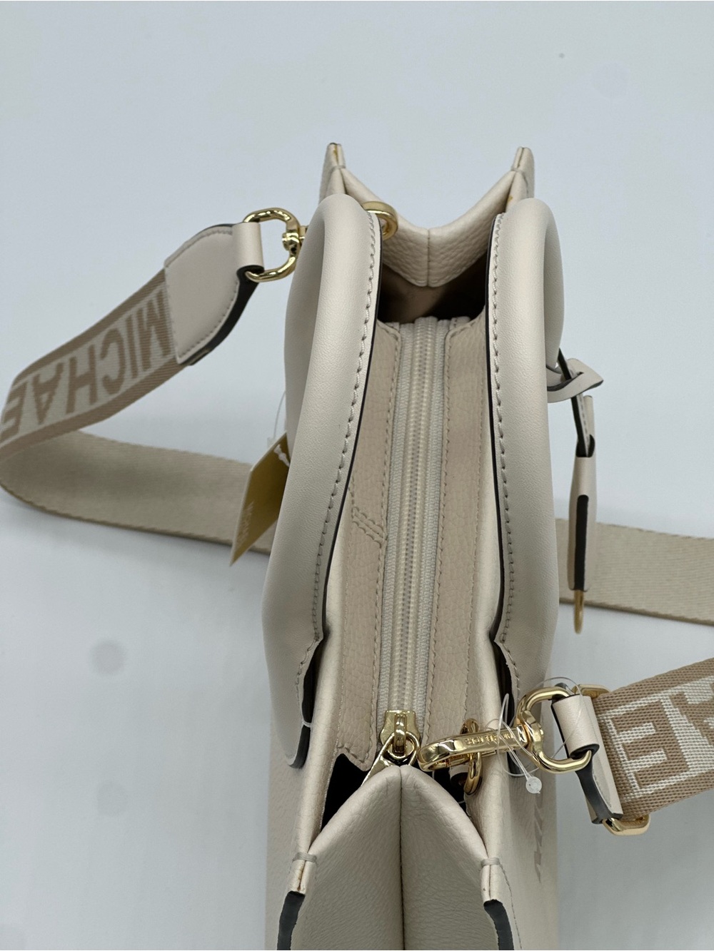 Michael Kors Cream Leather Satchel with Logo Strap and MK Charm - Picture 6 of 10